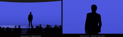 Graphic of a silhouetted speaker on stage, shown as a wide shot over the audience and as a close-up