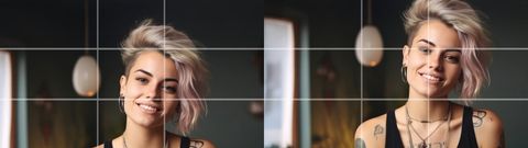 Side-by-side portrait with a rule of thirds grid overlay, showing weaker centred alignment on the left and stronger off-centre subject placement on the right