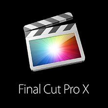 The older Final Cut Pro X logo, a clapperboard with a colour spectrum, on a black background