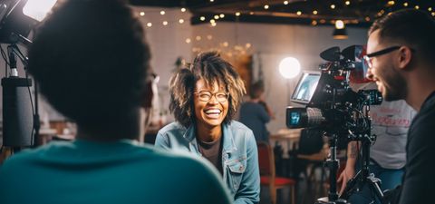 A laughing woman in glasses being interviewed, with the interviewer in the foreground and a camera operator beside a camera on a tripod, in a room hung with fairy lights