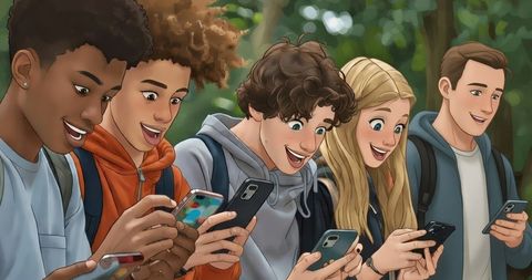 Cartoon illustration of five young people outdoors, smiling as they watch videos on their smartphones