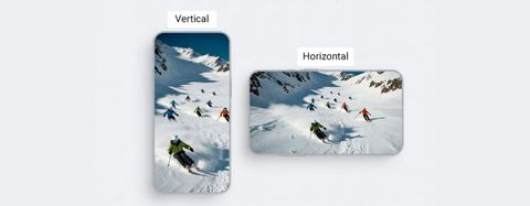Side-by-side comparison of the same skiing scene in vertical (portrait) and horizontal (landscape) mobile video formats.